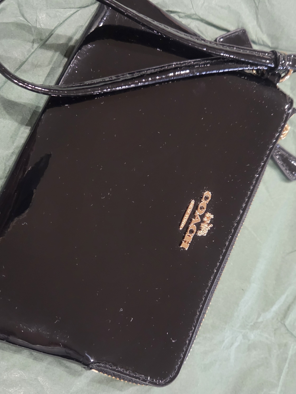 Coach Black Patent Leather Wristlet with Gold Logo - Picture 6 of 9